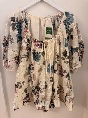Floral Eyelet Peasant Romper - Cream with Blue & Pink Flowers NWT